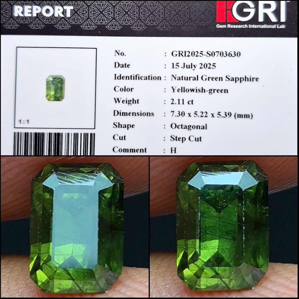 Natural Green Sapphire 2.11 crt Octagon Cut Hijau Botol Pekat Memo GRI