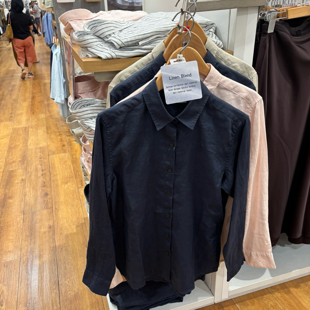 kemeja premium linen lengan panjang polos dan garis cewek uniqlo