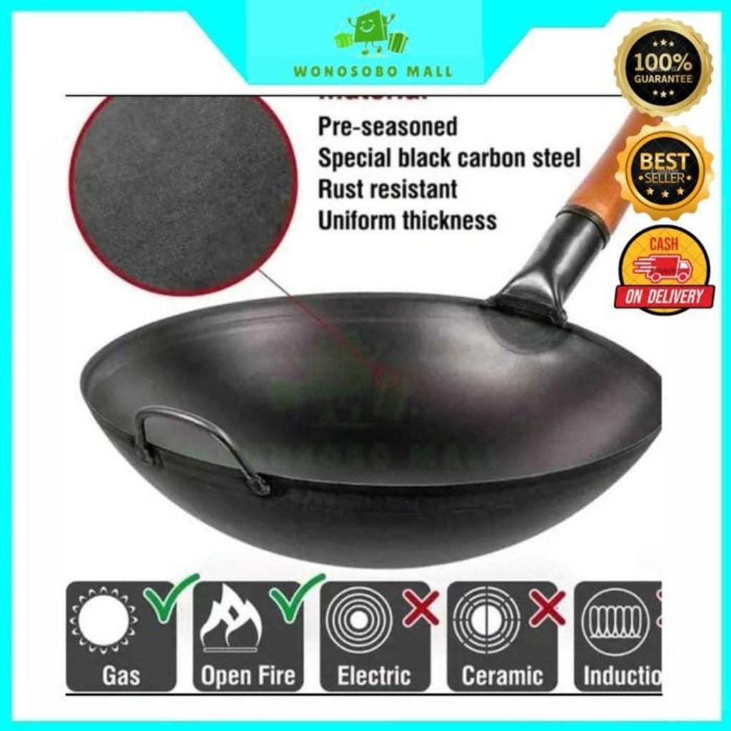 Wajan Baja gagang Seasoning Kuali gagang kayu Nasi Wok Kitchenware Masak