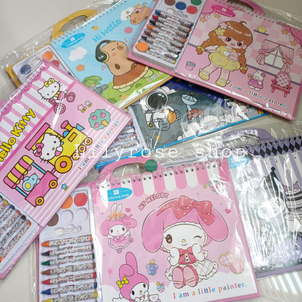 

Set mewarnai crayon coloring sheet 014 Kuromi melody capybara hello kitty astronot