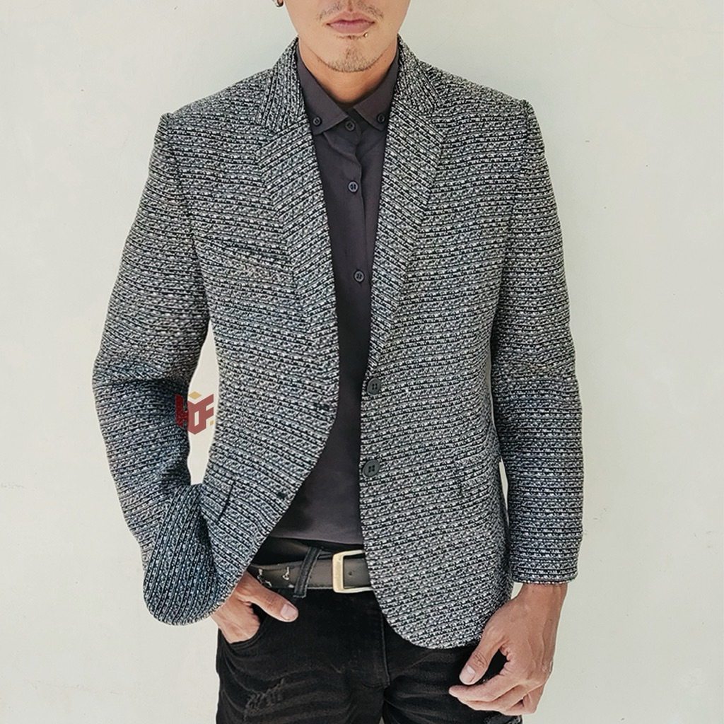 HOOFID blazer pria casual tweed twotone slimfit
