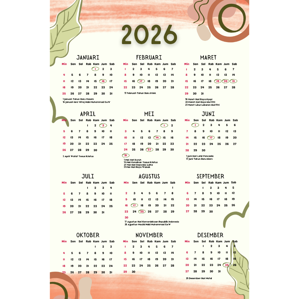 

[A4] Kalender Dinding 2026 Estetik - Kalender 2026 Aesthetic - Wall Calendar 2026