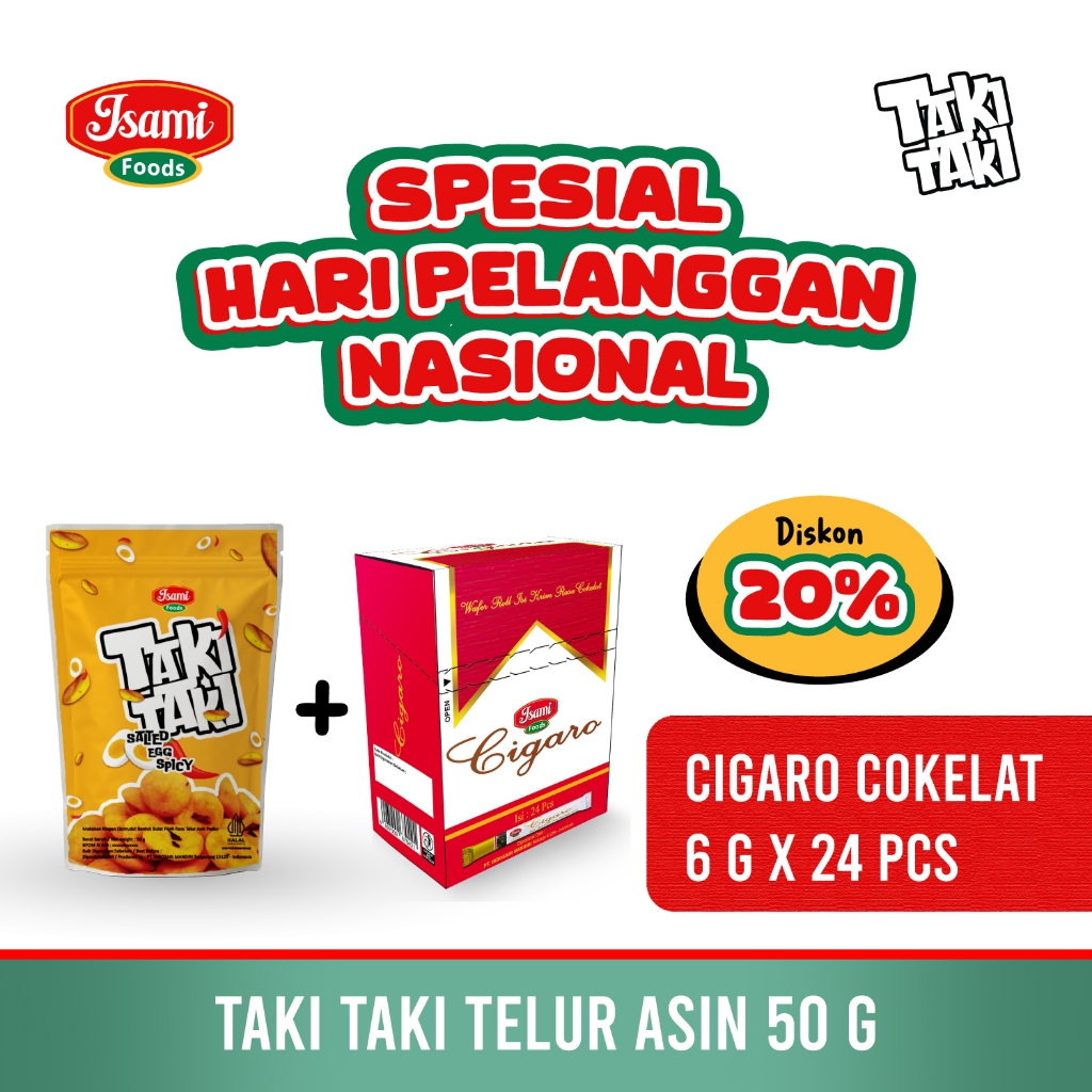

Paket Cemilan Murah (Taki Taki Salted Egg Spicy 50 gr x 3 pcs + Cigaro Wafer Roll Isi Krim Cokelat 6 gr x 24 pcs)