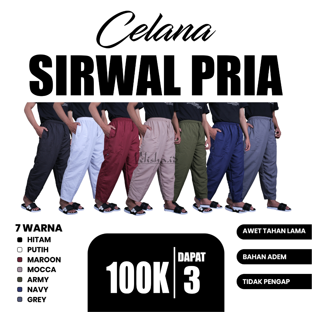 "Promo 100 RB: 3PCS Celana Panjang Pria Sirwal Pangsi Komprang Muslim Casual Polos, Dewasa Remaja