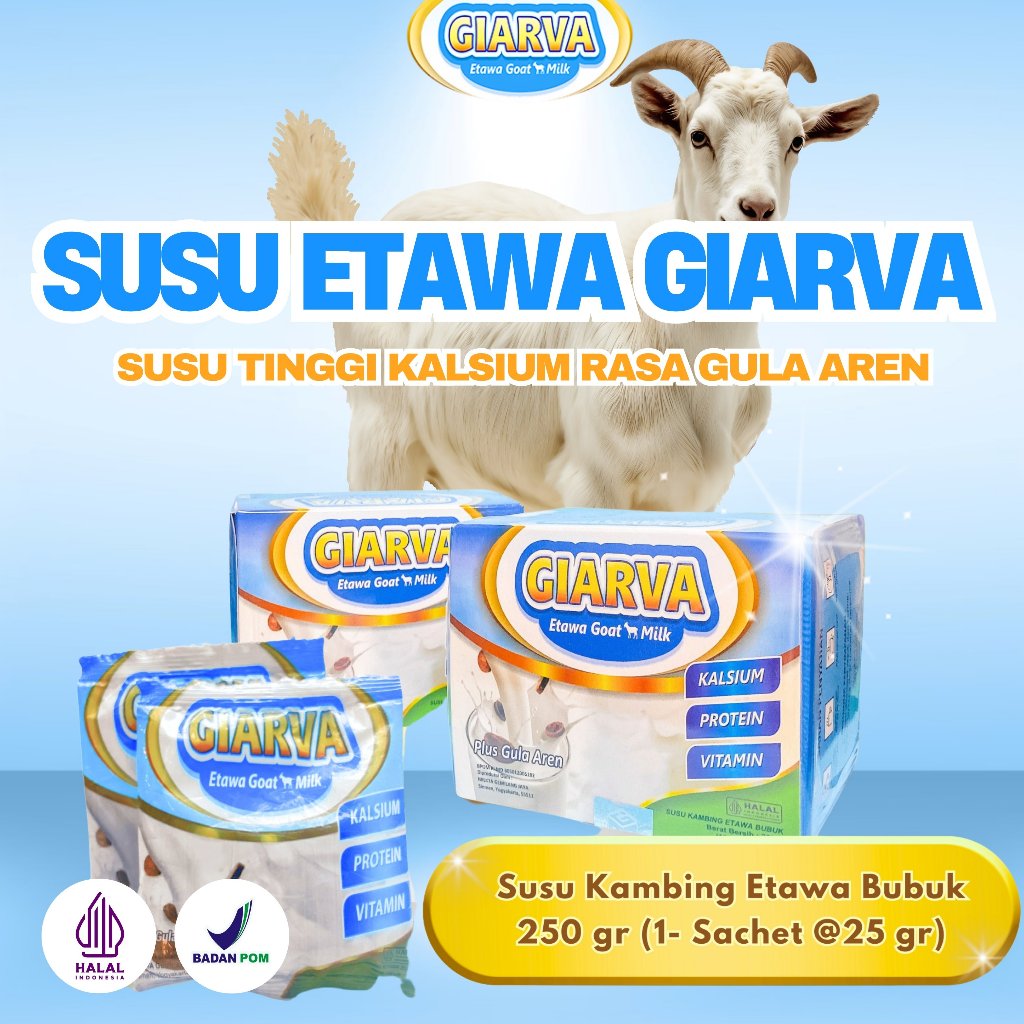 

GIARVA Susu Kambing Bubuk Etawa – Tinggi Kalsium & Protein Rasa Gula Aren 25gr x 10 sachet