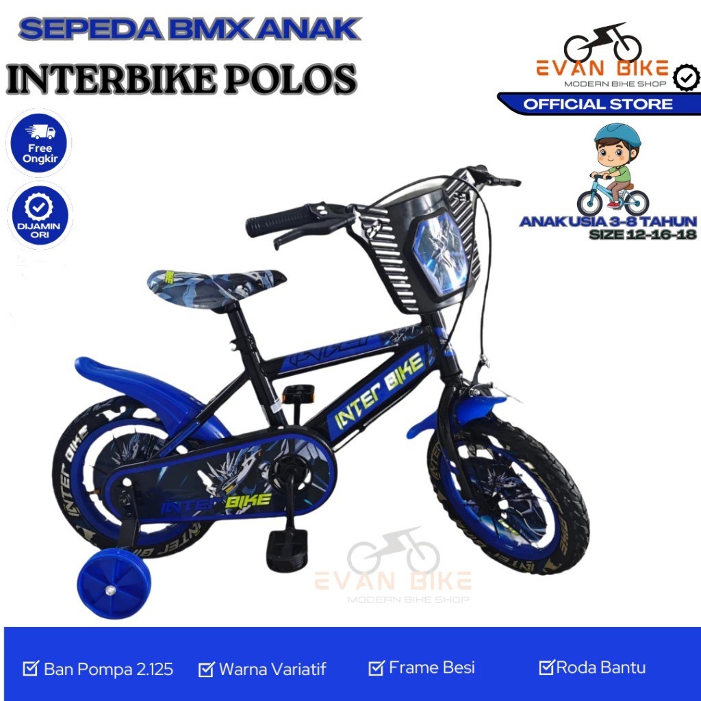 [ SALE ] Sepeda Anak  Laki Laki BMX INTERBIKE POLOS UNTUK USIA 2-8 TAHUN