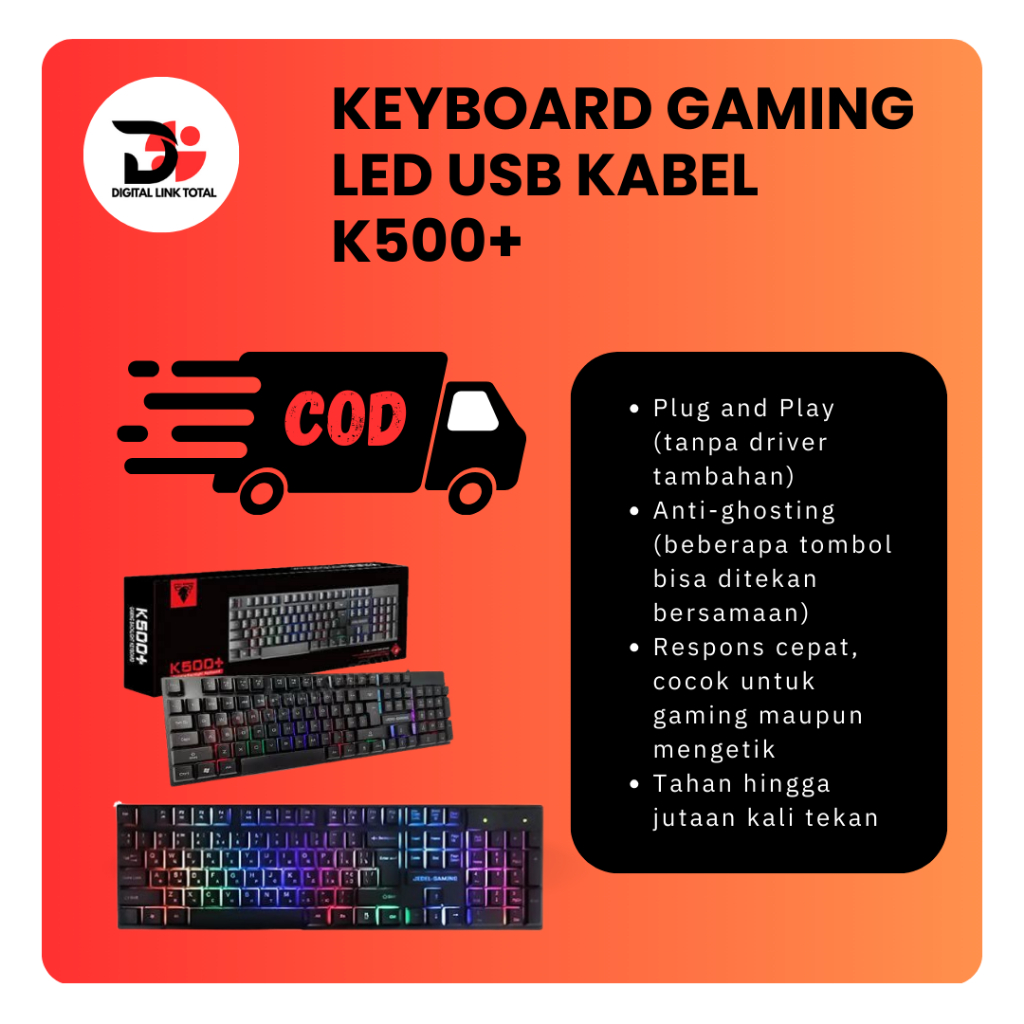 Keyboard Gaming JEDEL K500+ RGB USB Keyboard gaming LED rainbow Keyboard gaming termurah