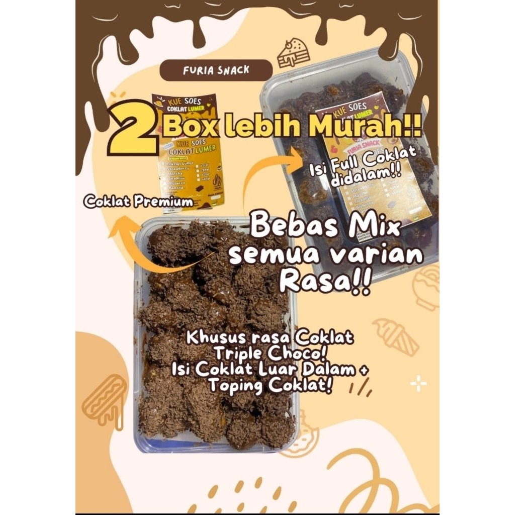 

(BELI 1 GRATIS 1) Kue Soes Coklat Lumer by FuriaSnack Aneka Rasa 1150ml Bebas Mix Rasa Snack Cemilan Coklat Crispy Khusus Coklat Full Toping dan Isi Coklat Cokelat Manis