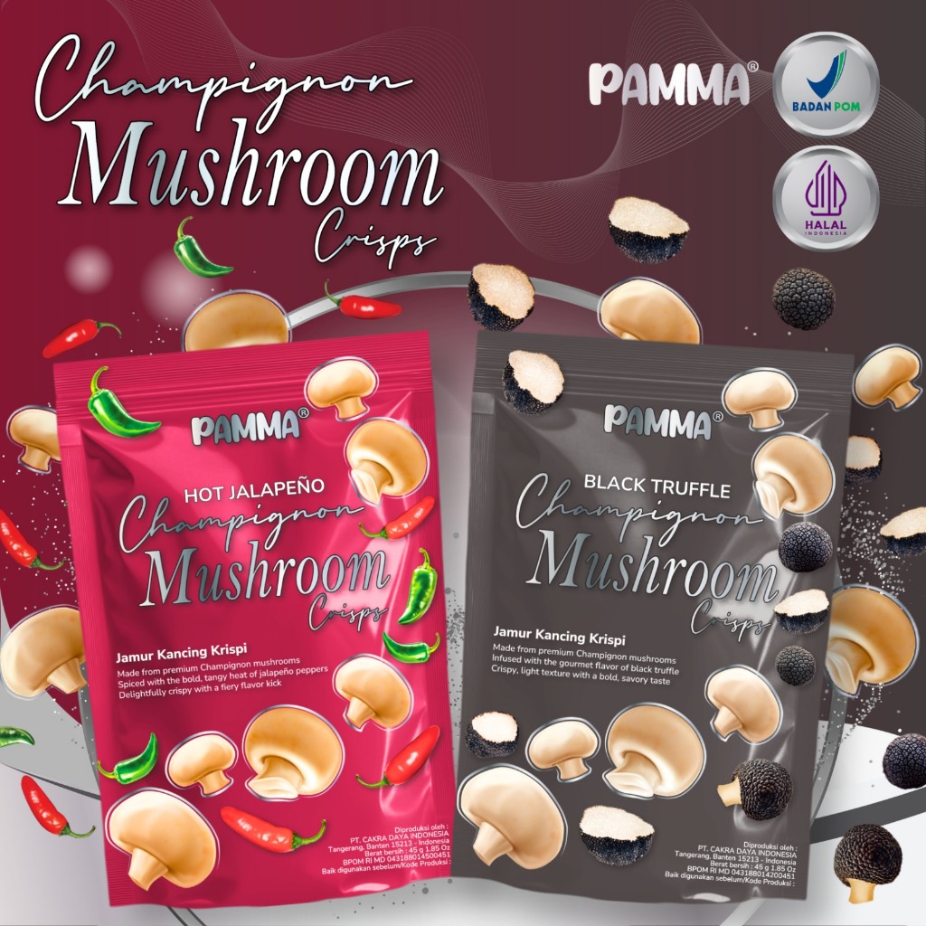 

【BARU】 Pamma Champignon Mushroom Crisps 45g - Keripik Jamur Kancing rasa Jalapeno dan Truffle, Keripik truffle, jamur kering sehat