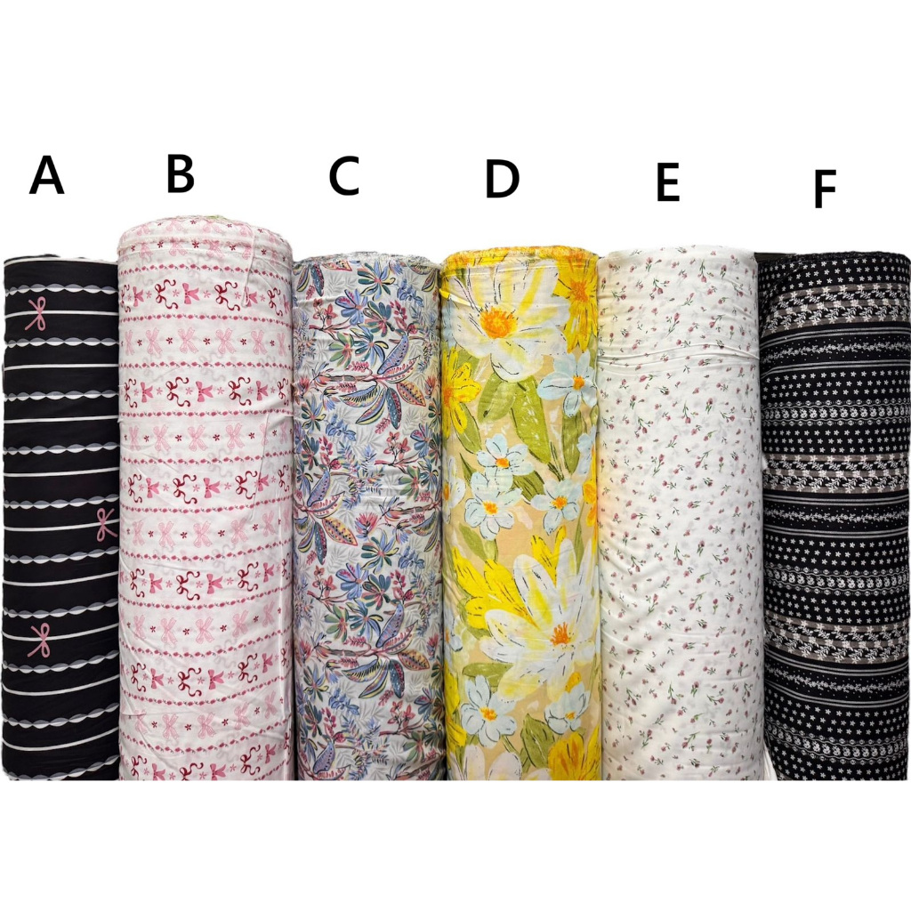 kain katun rayon viscose motif pita salur hitam pink motif daun motif bunga kecil terbaru best selle