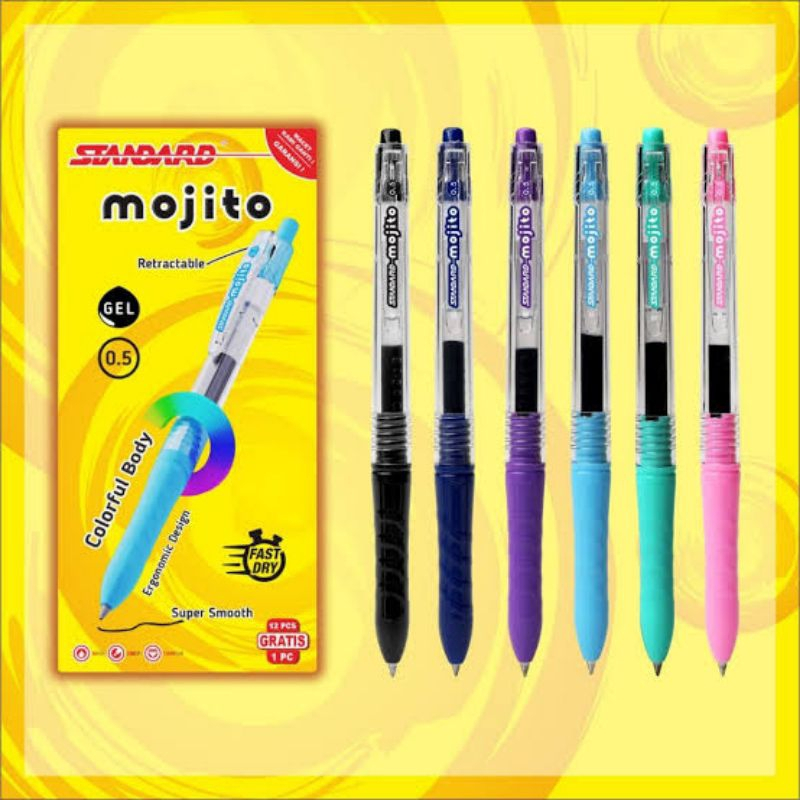 

Pulpen Standard MOJITO 0.5 mm Retractable Pena Pen Bolpen Cetekan ( 1 pack isi 12+1 pcs )
