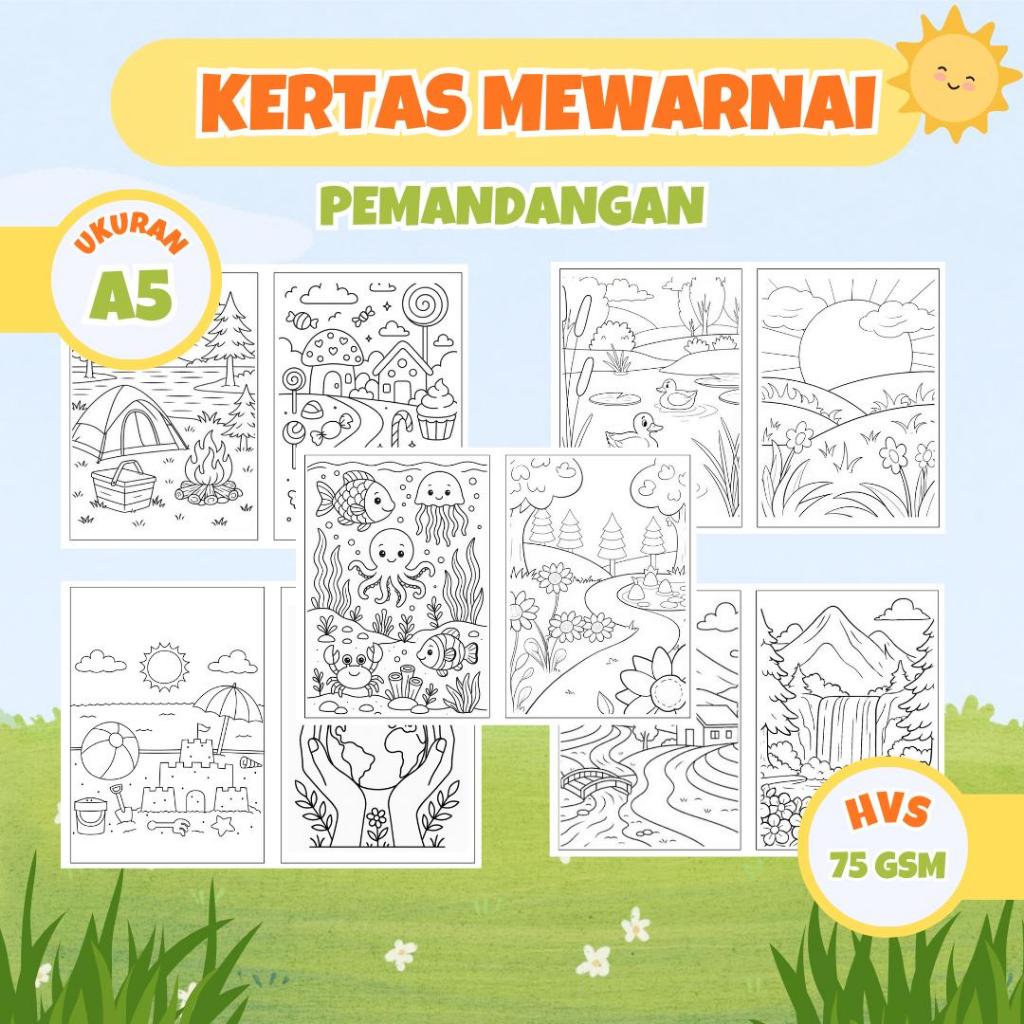Kertas Mewarnai Tema Pemandangan | isi 10 Gambar Berbeda