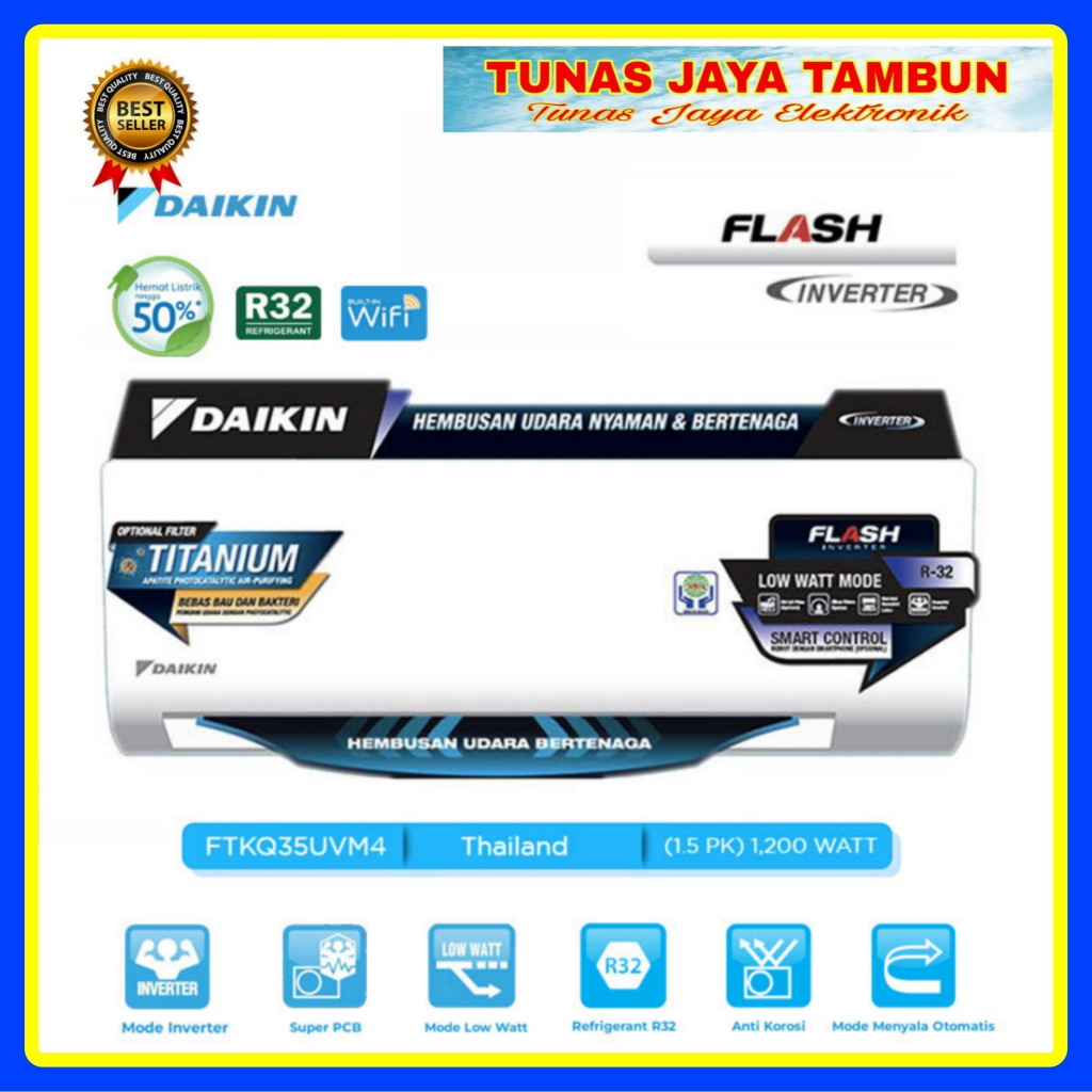 AC DAIKIN FTKQ 35 UVM / AC DAIKIN 1.5PK INVERTER THAILAND  / DAIKIN FTKQ 35UVM4 AC INVERTER 1 1/2 PK