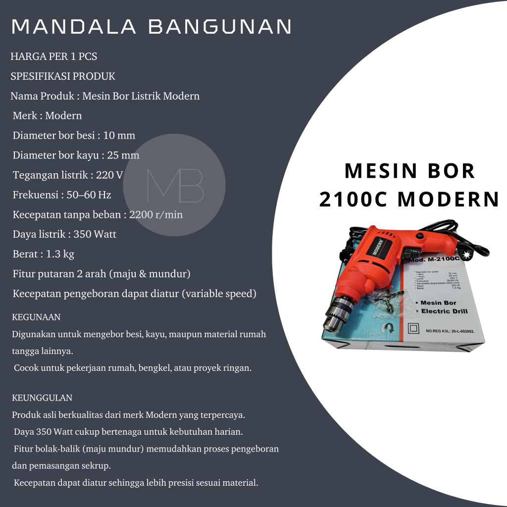 Modern Mesin Bor Listrik M-2100C – Electric Drill Portable Serbaguna