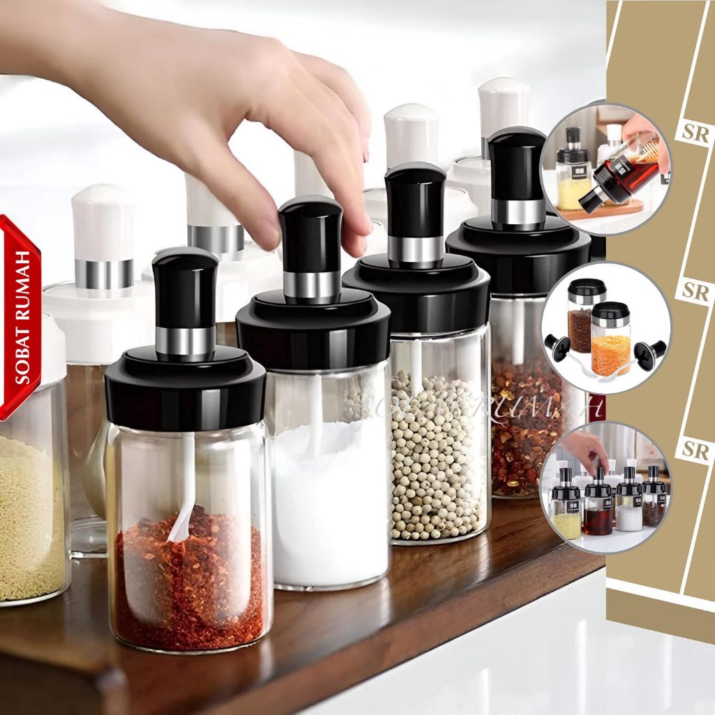 BOTOL BUMBU KACA + SENDOK toples gula garam estetik wadah tabur merica tempat minyak kecil plastik