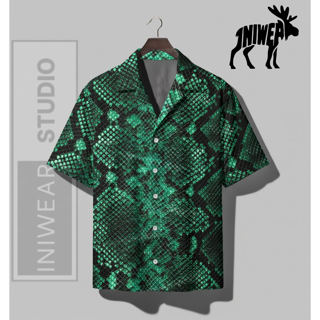 INIWEAR Kemeja Fullprint Motif Kulit Ular Hijau | P-Kulit
