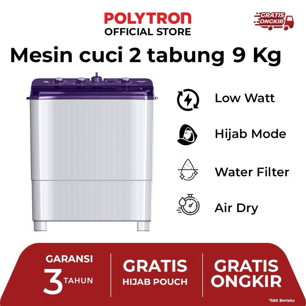 mesin cuci polytron 9kg 2 tabung