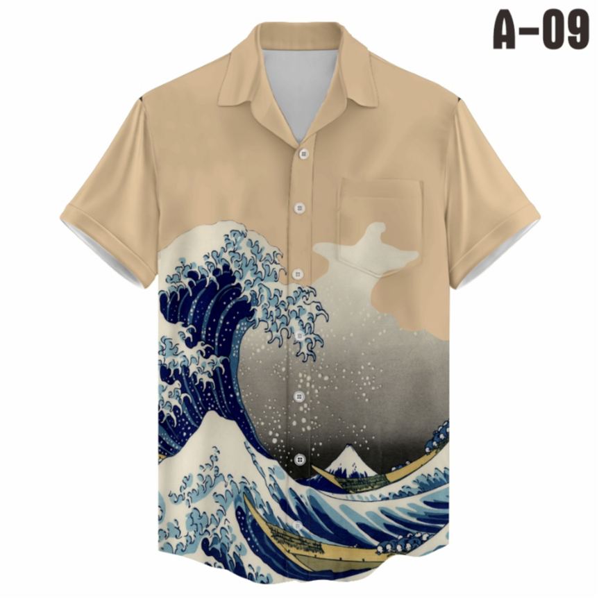 Kemeja Kasual Pria Hawaii Motif Ombak Harajuku Pantai Kanagawa Fullprinting A-09