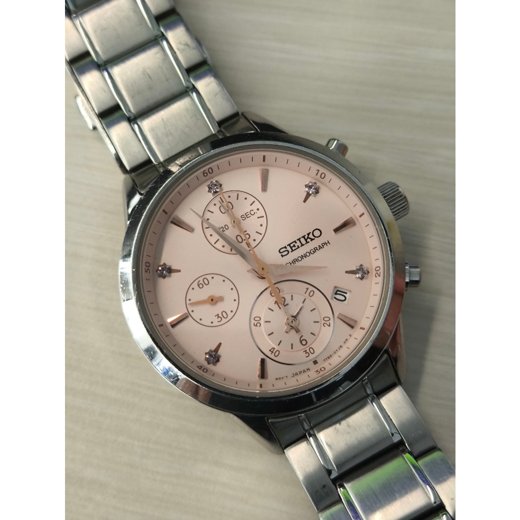Seiko 7T92-0TC0 Chronograph Salmon Dial Quartz Analog Second Mulus Cantik