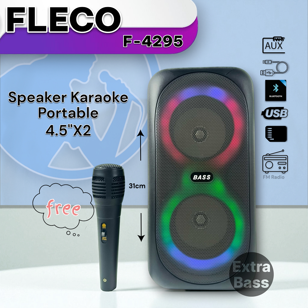 Speaker Fleco Karaoke F-4295 | Speaker Bluetooth Portabel 300W | Bonus Microphone dan Lampu RGB