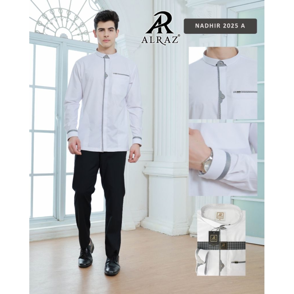 Baju Koko Lengan Panjang Manset Busana Muslim Pria Alraz Tipe Nadhir Warna Putih Polos Full Slave