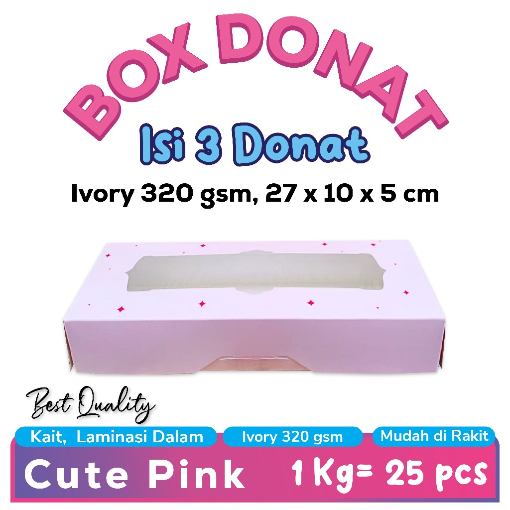 Box Donat/ Dus Donat isi 3/ Kemasan Donat  isi 6 Mini/ Ivory 300gr Dus Donat Pink
