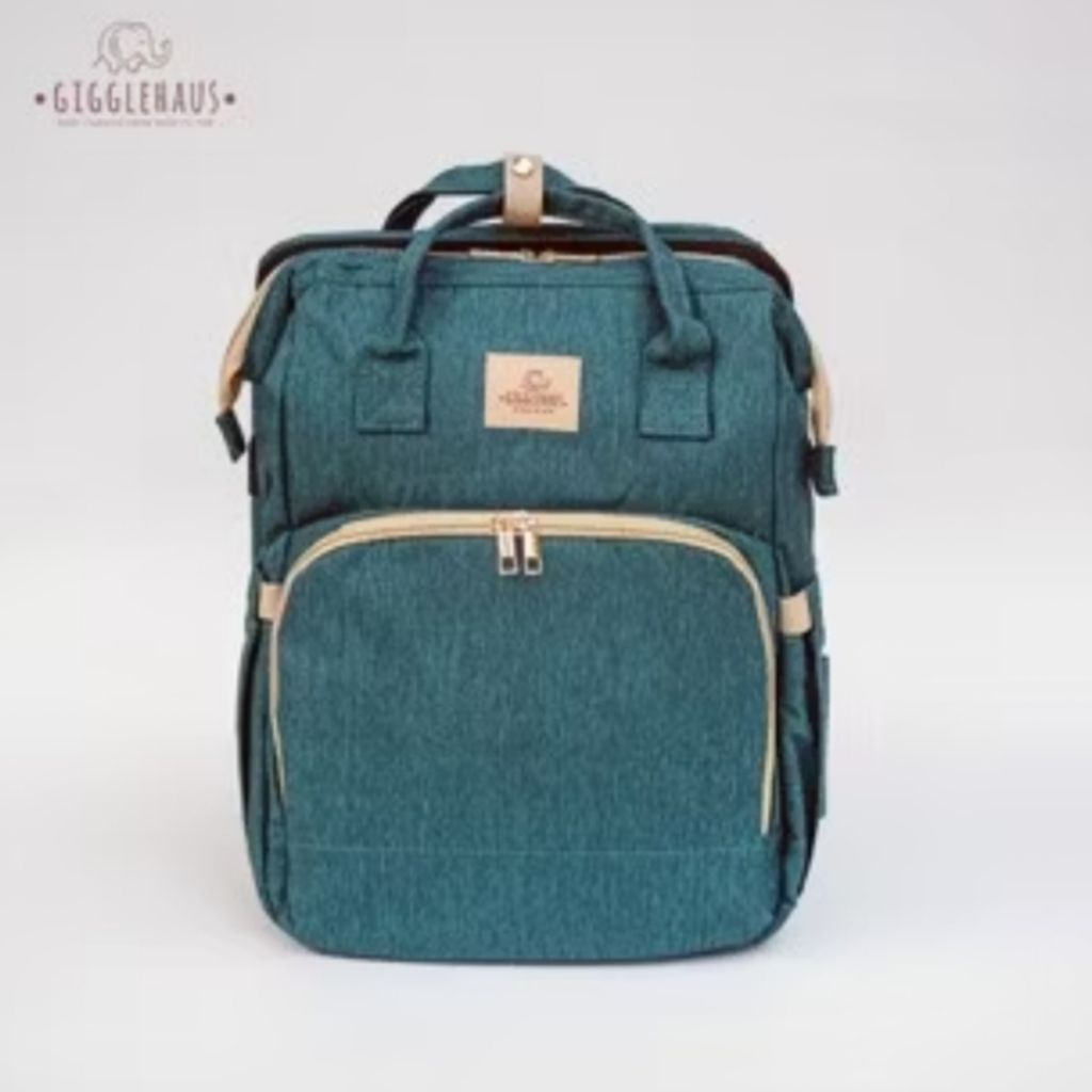 Gigglehaus Multifunction Baby Diaper Bag dengan foldable bed dan changing diaper station tosca hijau