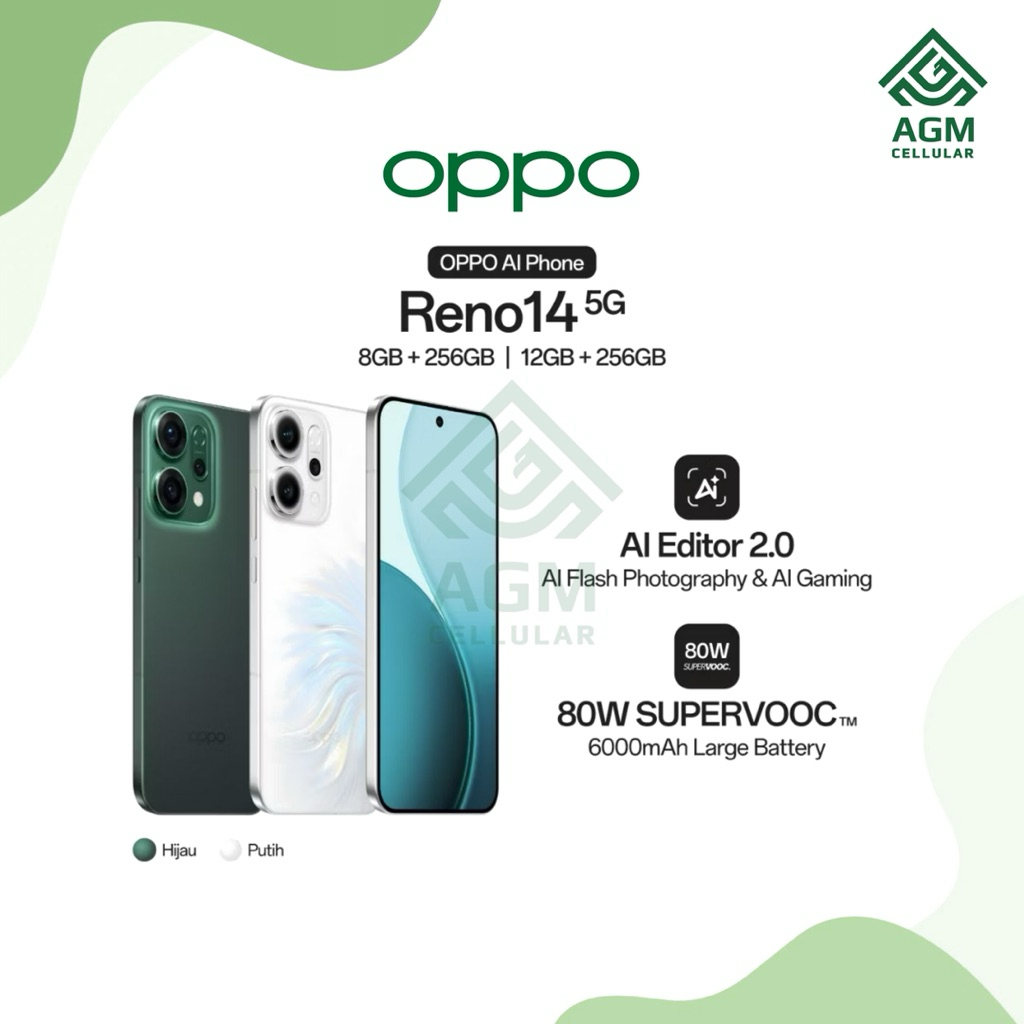 HANDPHONE OPPO RENO 14 5G RAM 12GB/256GB | 8GB/256GB (Hijau & Putih)