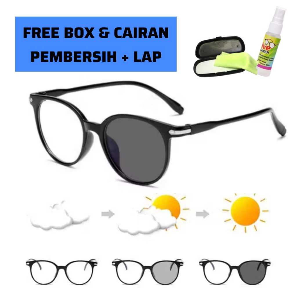 SMD Kacamata Satu Set Lengkap Box Cairan Pembersih & Lap Kacamata Photocromic 2 In 1 Anti Radiasi Bl