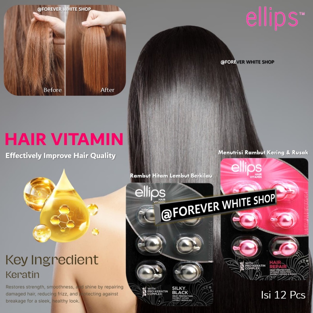12 Capsules ELLIPS Vitamin Rambut Rontok dan Kering Pink & Hitam BPOM Halal FWS / Serum Rambut Hair 