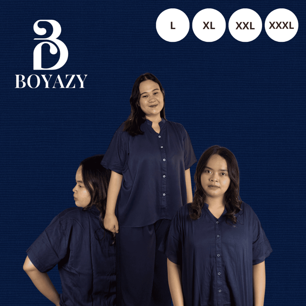 BOYAZY Baju one Set Setelan Wanita Pendek Panjang Rayon Premium Jumbo Polos Biru Navy  (LD 110, 120,