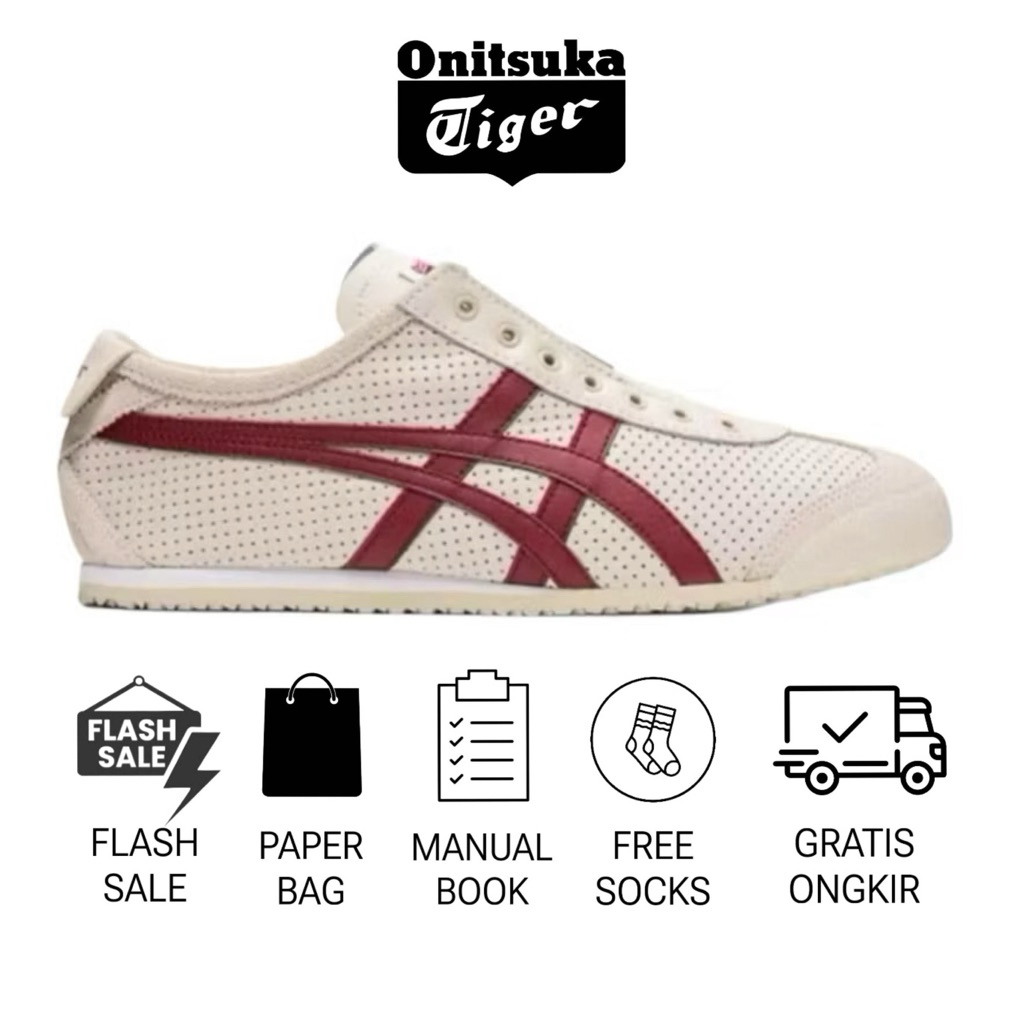 Sepatu onitsuka slip on leather cream maroon sepatu sneakers sepatu wanita sepatu pria sepatu origin