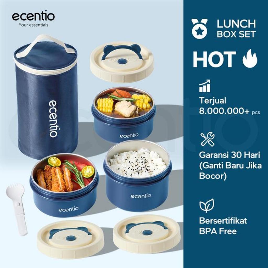 Ecentio Lunch Box Set / Kotak Tempat Makan 3 Pcs Stainless Steel 304 + Lunch Bag Tas Bekal - Biru