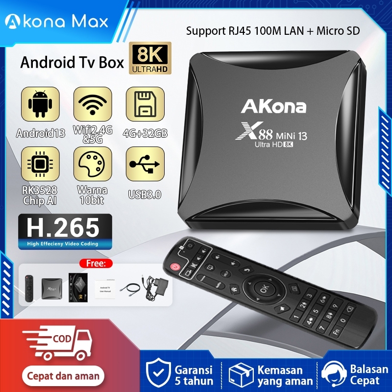 TERLARIS Akona Android TV Box 8K UHD Android 13 OS Set Top Box Stb Android Tv Ram 4Gb Rom 32Gb