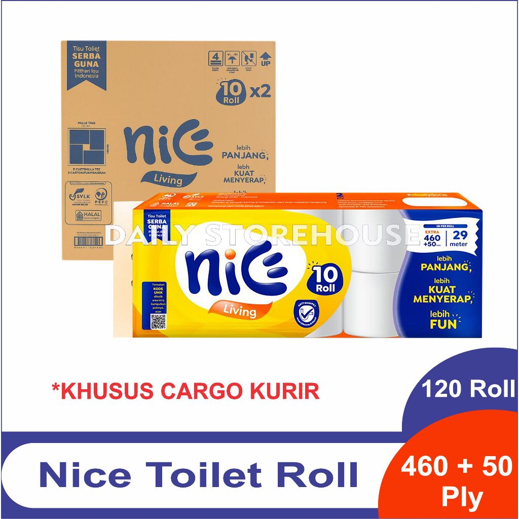 1 Dus Nice Living Toilet Core Emboss 10 Roll 460+50 Helai Tisu Toilet Gulung Isi 120 Roll (KHUSUS CA