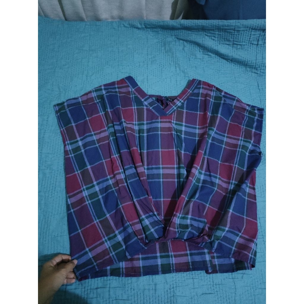 Blouse batwing katun tartan kotak kotak