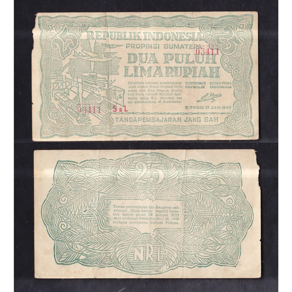 Uang kuno Orida Bukit Tinggi 25 rupiah tahun 1948 (emisi 17 Januari 1948) #variasi warna hijau