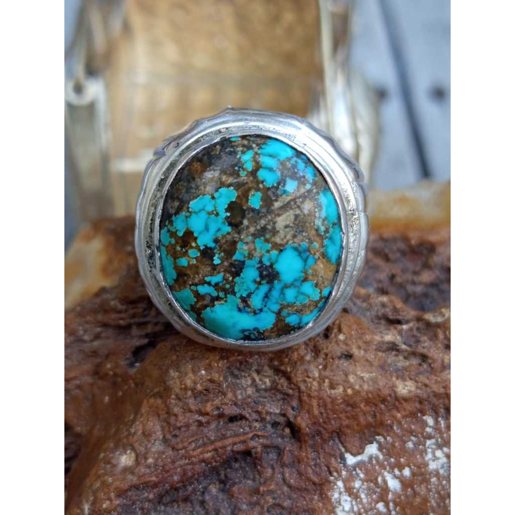 Natural Pirus Persia Biru Ngrikil Ring Perak 925 Handmade Tebal