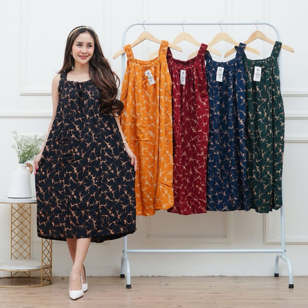 Daster Jumbo Yukensi Motif Cahaya Tanpa Lengan Rayon Super Busui Wanita Adem