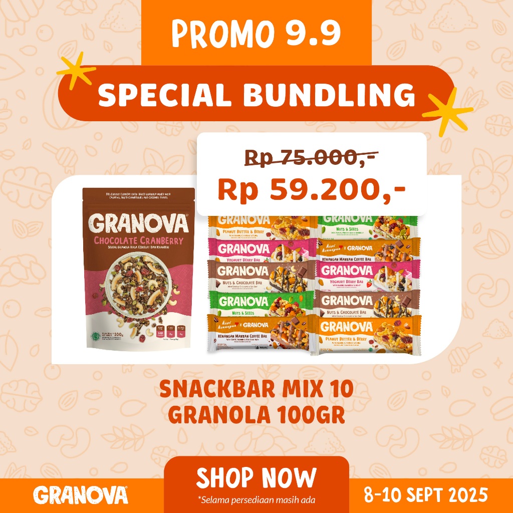 

Granova - Snackbar 26gr x 10 pcs mixed (Rasa Original, Peanut Butter & Berry, Nuts & Chocolate, Coffee, Yoghurt Berry) - Cemilan Sehat, Gandum, Halal - PB & Berry