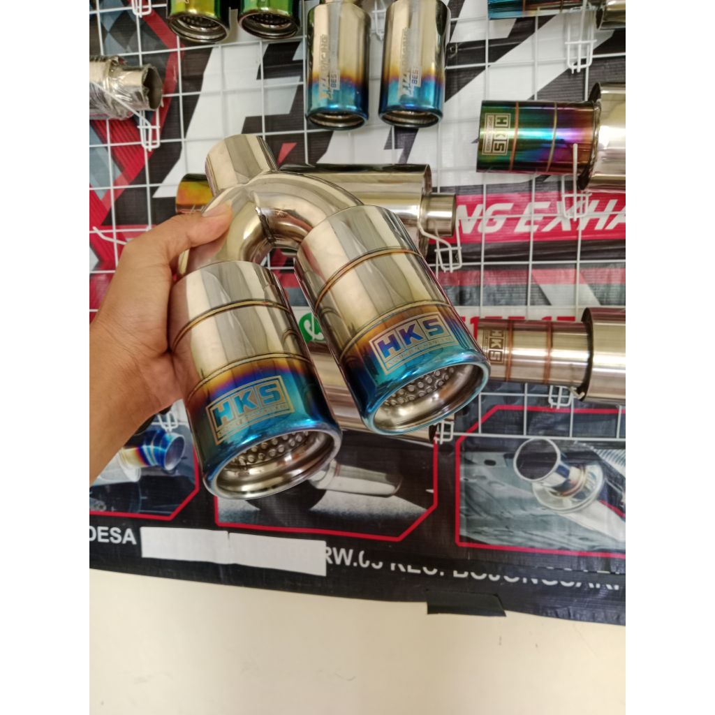 knalpot mobil racing cabang dua blue termurah suara bass adem bulet empuk untuk semua jenis mobil fu