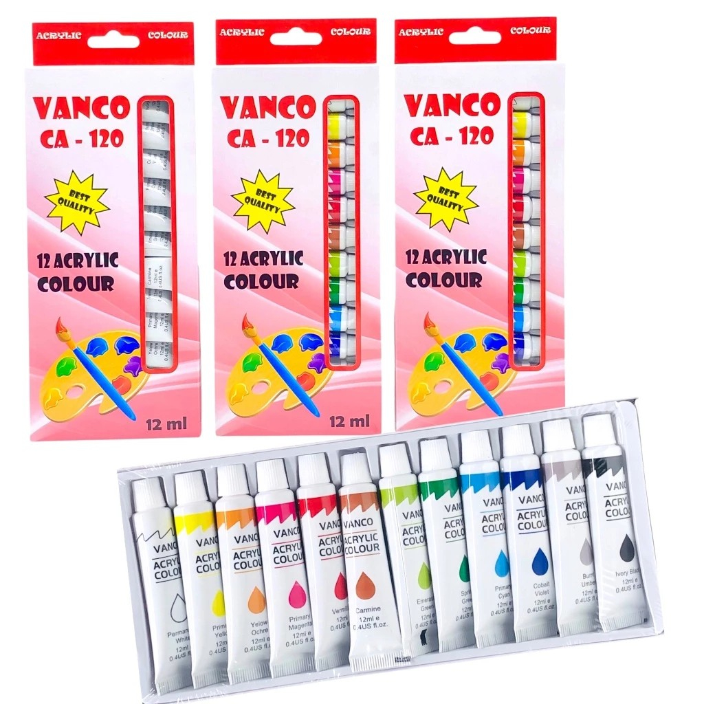 

12 COLOUR) ACRYLIC PAINT VANCO CA-120/CA-140 (12/9 ML) / CAT AKRILIK SET MURAH