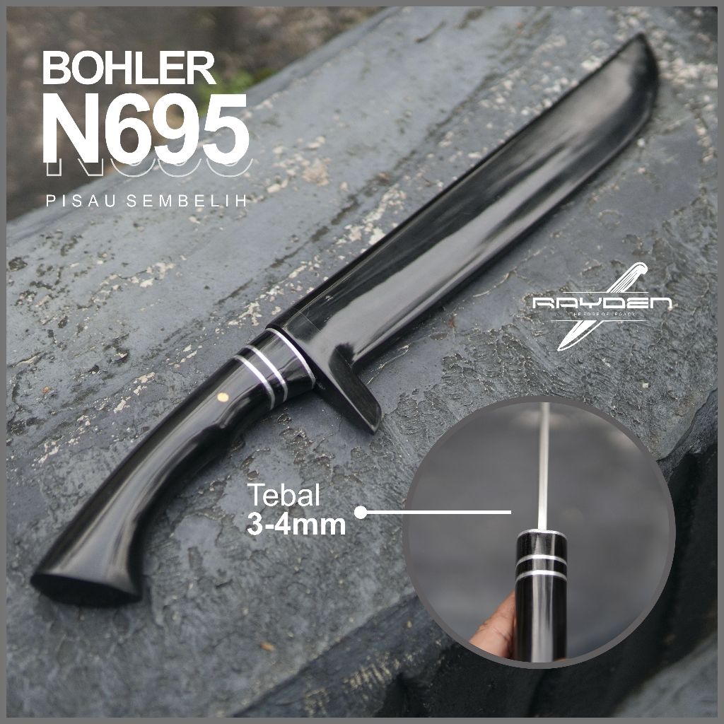 Pisau dapur sembelih SUPER TAJAM Baja Bohler N695 Full Tanduk Kerbau 25 cm Finishing Mirror Golsem