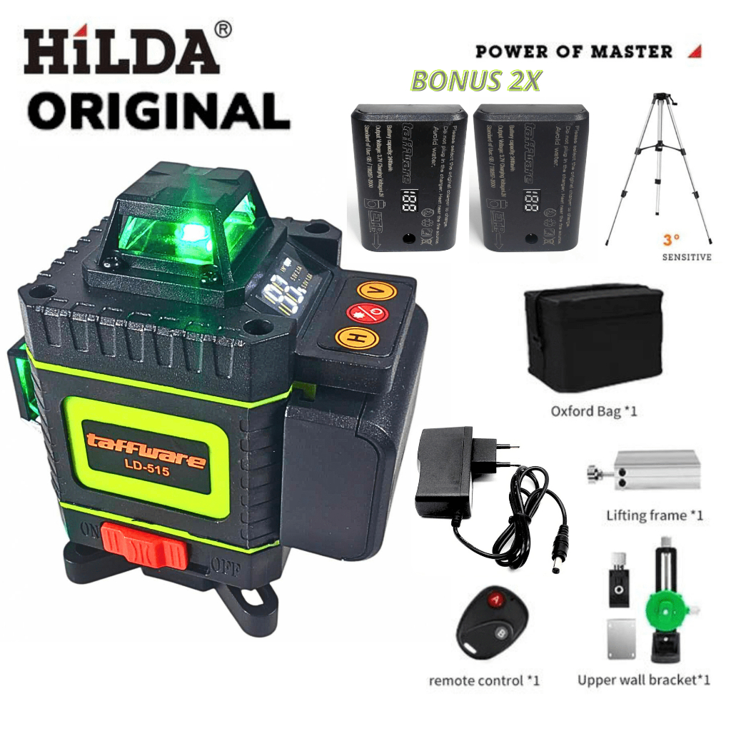 Hightech LASER LEVEL LCD 4D 16 Line Self Leveling Garis Pakai Remot +TRIPOT +2 PCS BATERAI Hijau, Pl