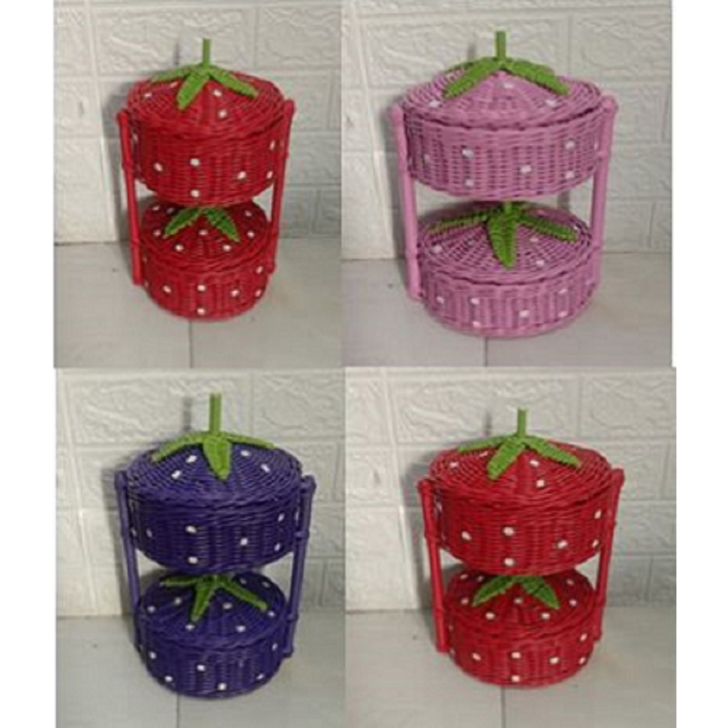 Keranjang Rotan Serbaguna Tempat Bumbu Bawang 2 susun keranjang tutup bentuk stroberi rak susun rak 