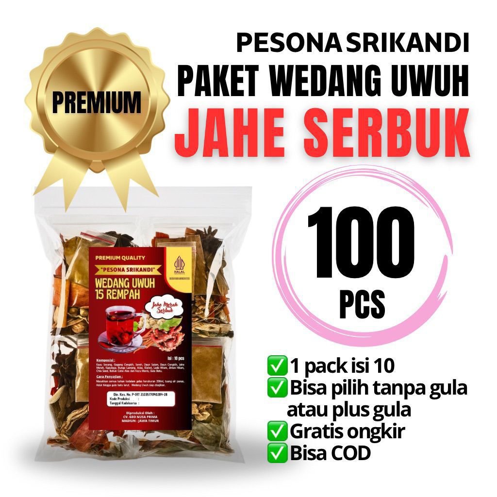 

PAKET 100 PCS (10 PACK) WEDANG UWUH 16 REMPAH JAHE SERBUK PESONA SRIKANDI