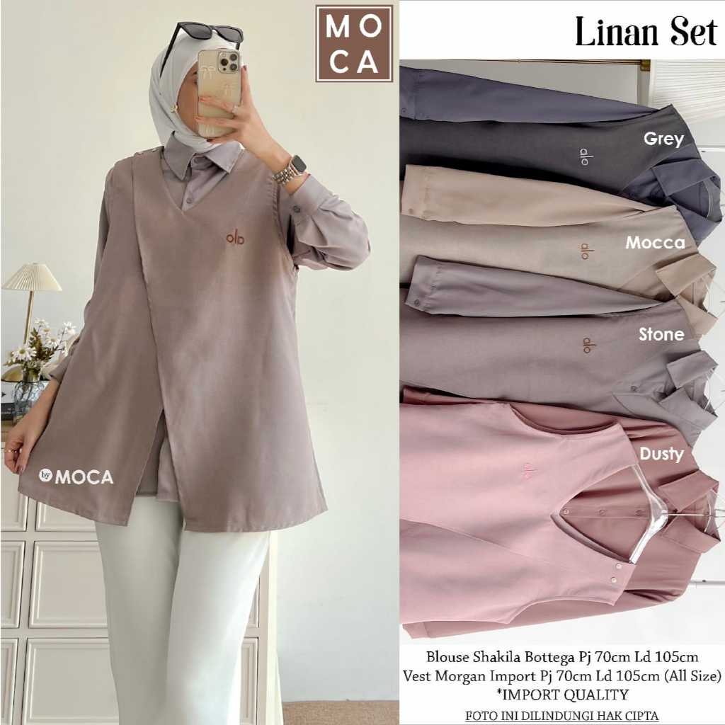 Linan Setelan Original Moca Blouse Shakila Bottega Vest Morgan Import (All Size)