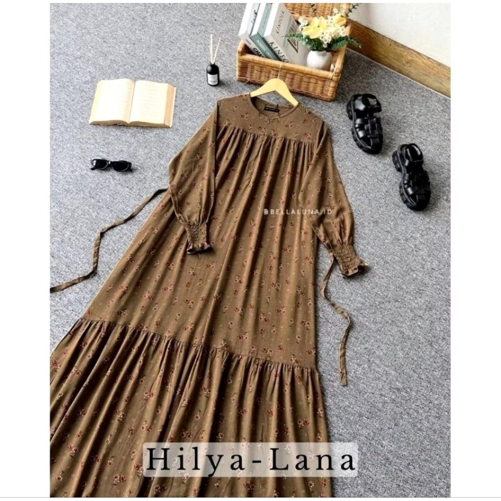 shafira gamis motif only bunga rempel lengan karet rayon viscose