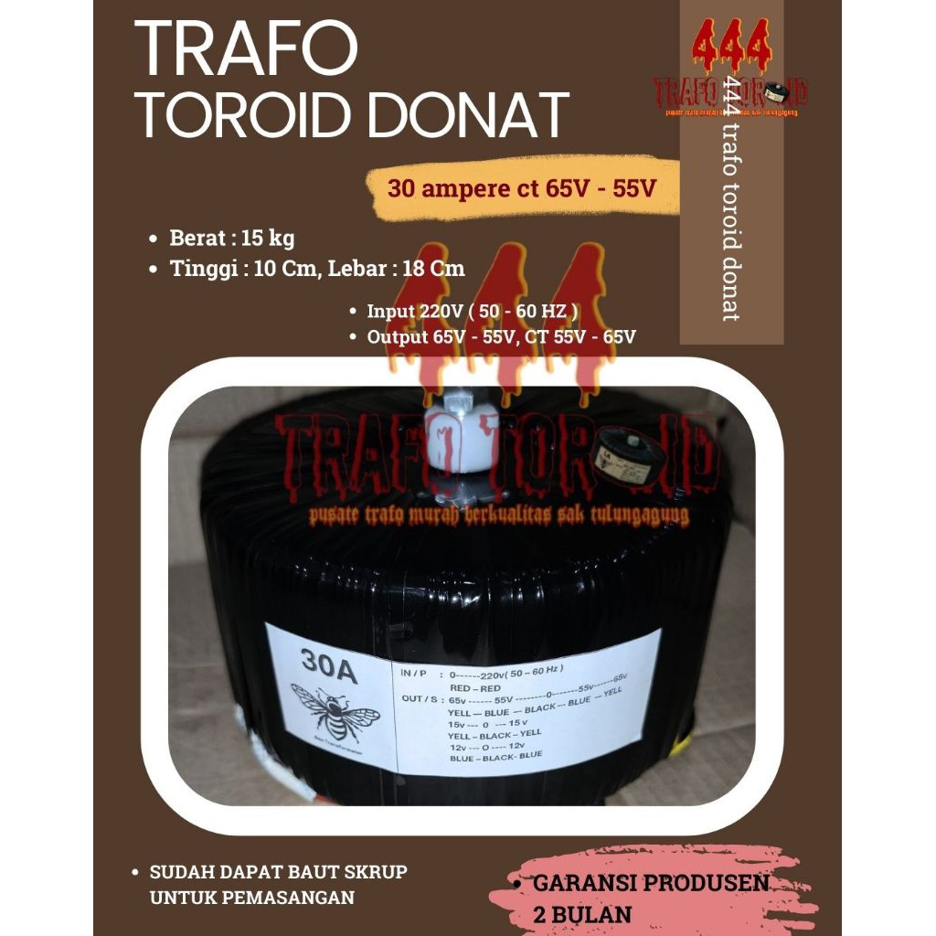 Trafo toroid donat 30Ampere CT 65V - 55V