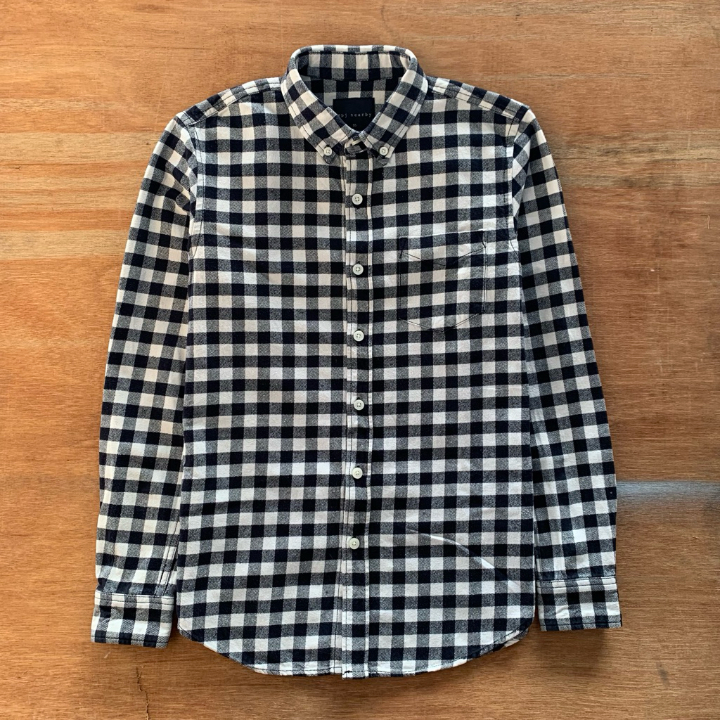 TBJ NEARBY Kemeja Flannel Hitam Putih Kotak Atasan Pria